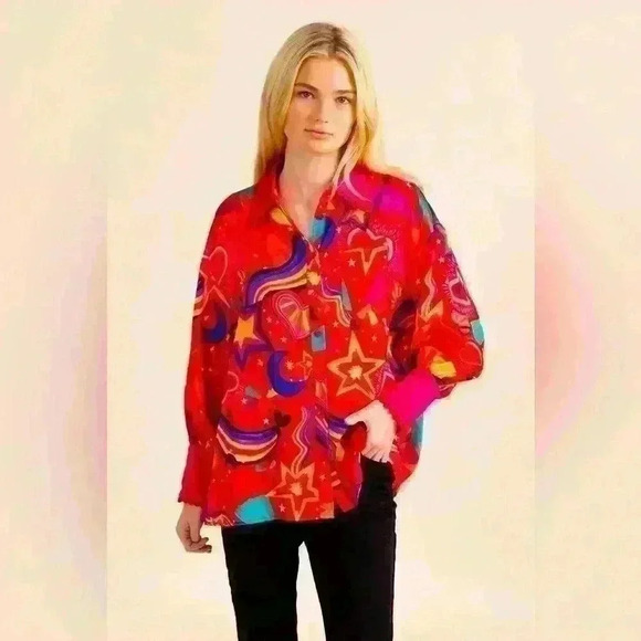 Alden Adair Oliver Top NWOT Star Gazing Bright Pink Button Down Blouse Size XL - Picture 2 of 8